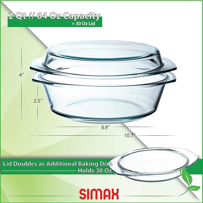 Simax Casserole Dish with Lid, 2 Quart Round Glass Casserole Dishes - Image 2