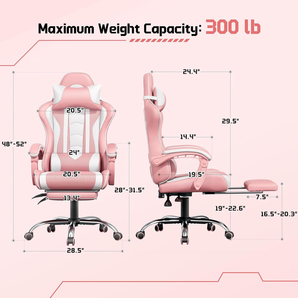 Yaheetech Gaming Chair with Footrest Massage Lumbar Pillow Pink and White
