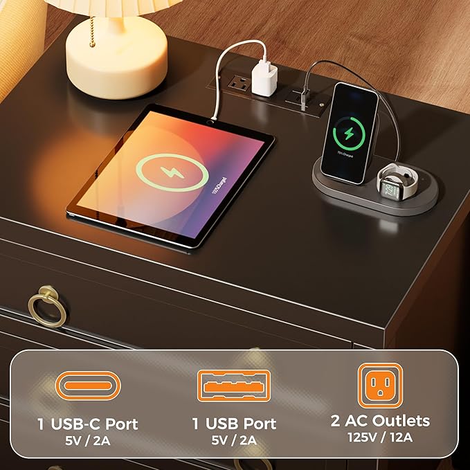 Huuger 23.6 Inch Night Stand with Charger Station and USB-C Port, 3 Drawer Ni...