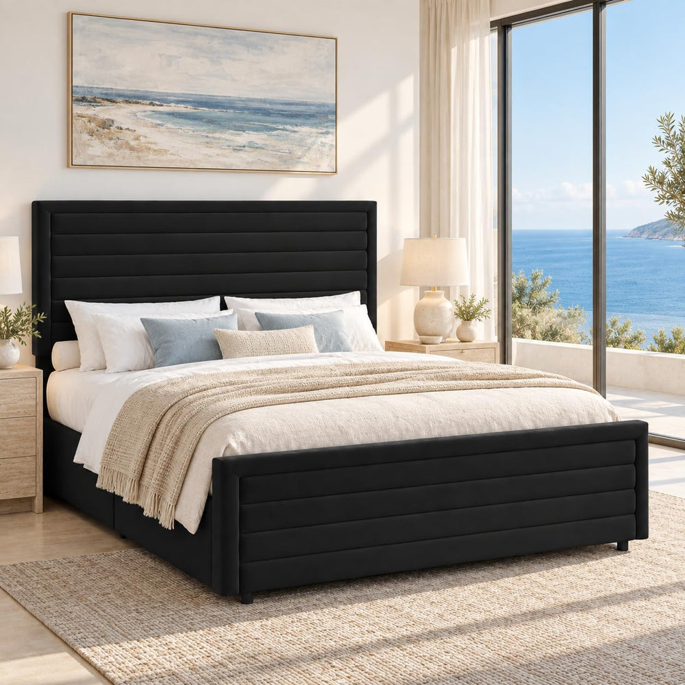 REVOMINCA Full Size Bed Frame with Velvet Upholstered Headboard,Black