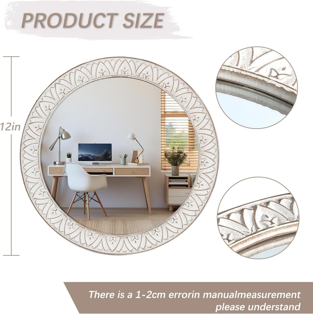 12in Round Mirror Farmhouse Wooden Frame Circle Mirrors, Rustic Decorative Di...