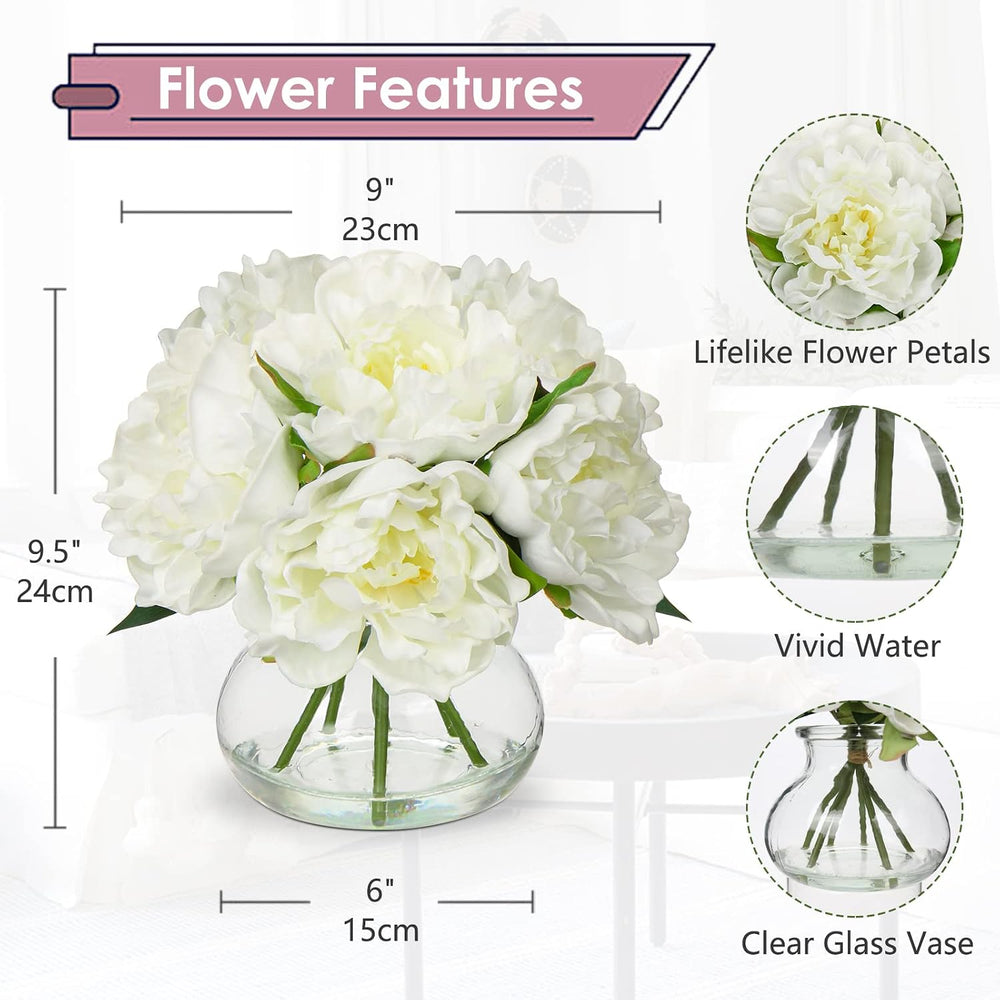 Hollyone Fake Flowers White Peonies Artificial Flowers Faux Flowers with Vase...