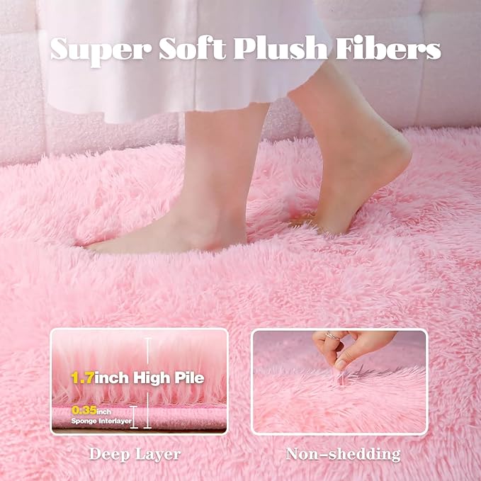Pink Round Rugs for Bedroom: 4ft Circle Fluffy Shag Soft Washable Rug Small - Image 3