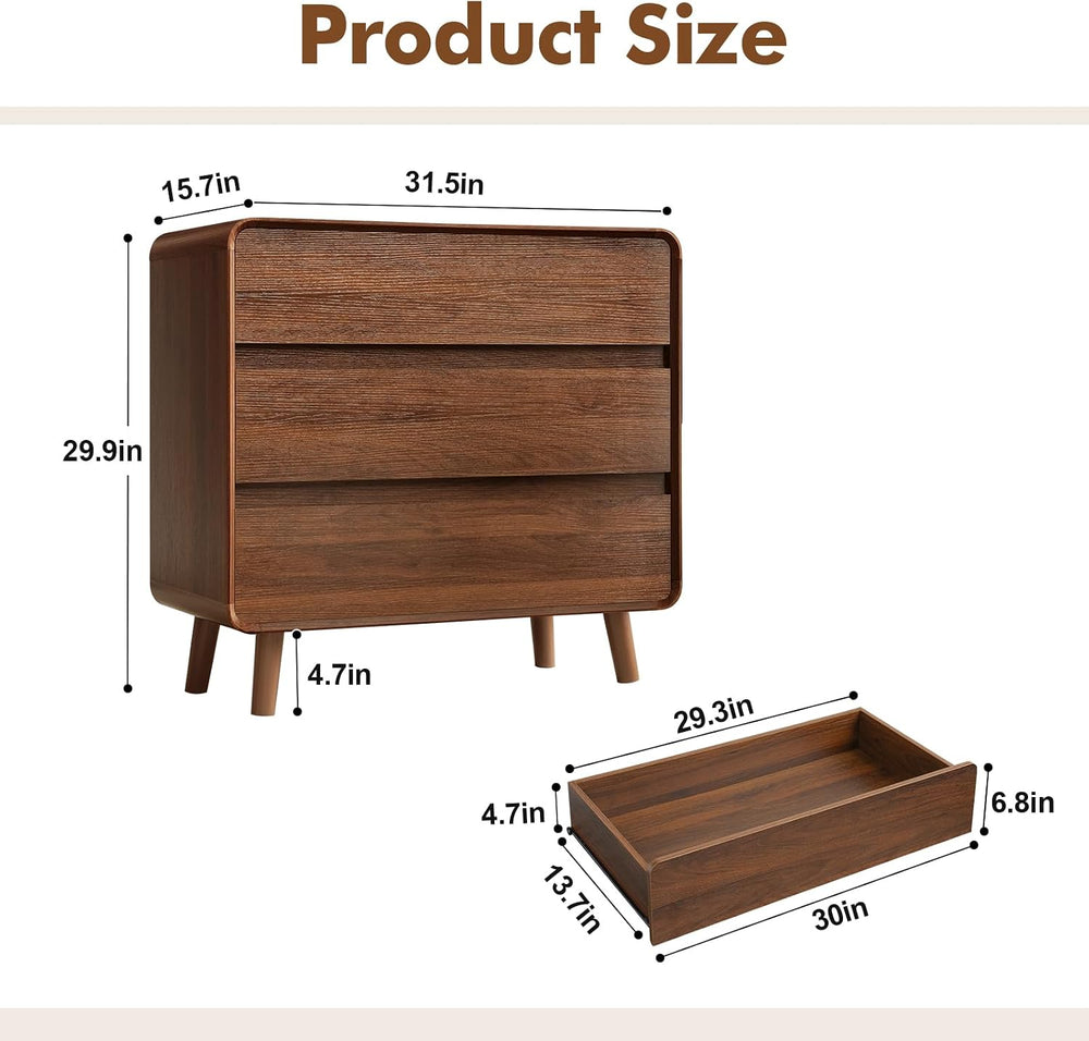 Nasonet 3 Drawer Dresser for Bedroom, Mid Century Modern Chest of Drawers, Cu...