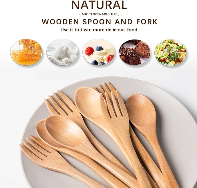 8pcs 6.3inch Schima Wooden Utensil Set Including Spoons and Forks, Reusable - Image 3