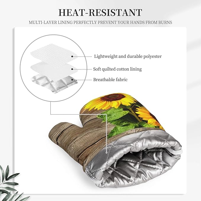 Sunflower Wooden Retro Oven Mitts and Pot Holders Sets of 4, Heat Resistant - Image 3