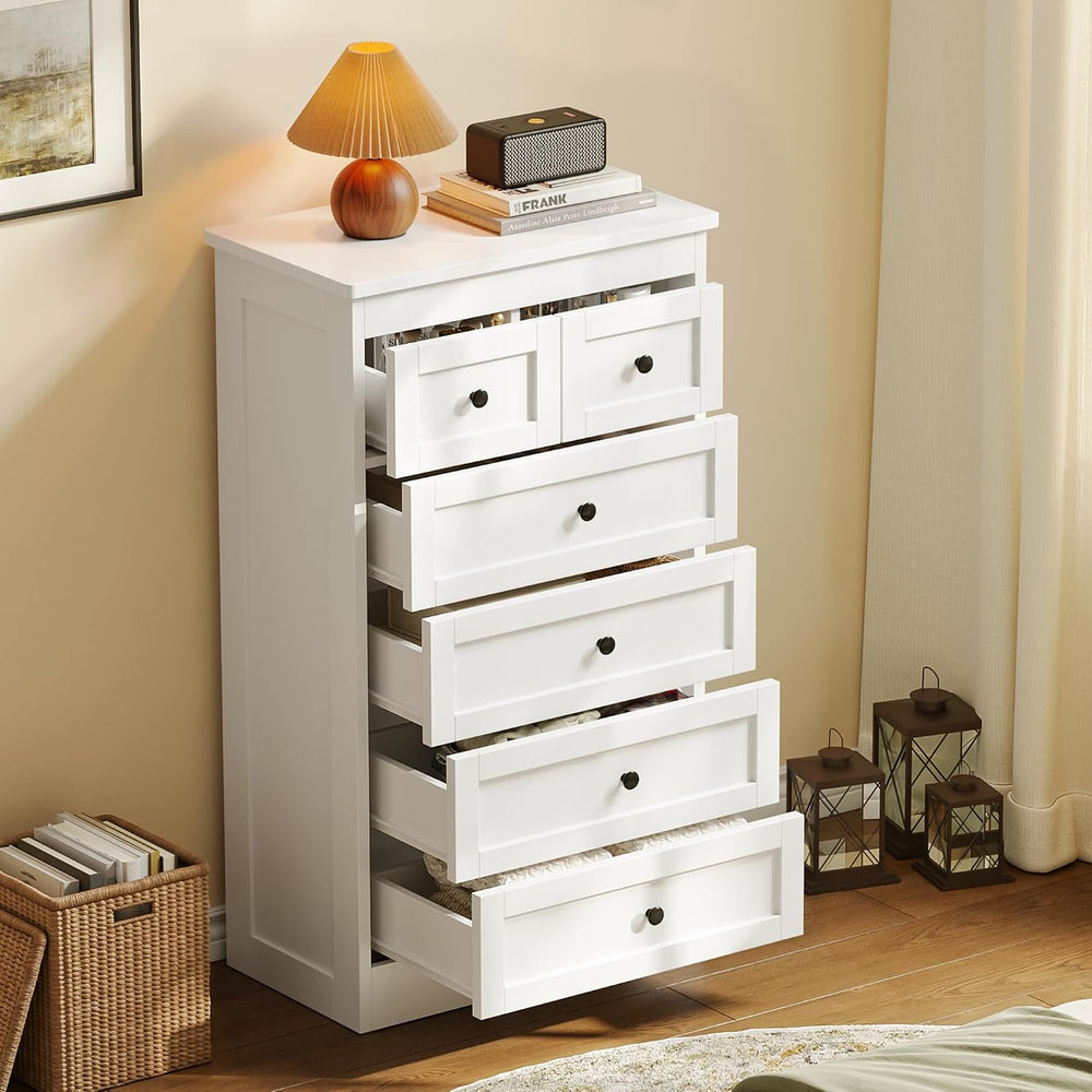wanan Tall 6 Drawer Dresser for Bedroom, White Modern 43.3'' Tall Woo...