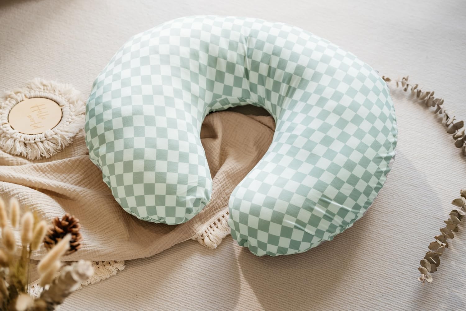 Little Jump Nursing Pillow Cover, Coffee & Green Checkered, 2 Pack | Stretchy and Soft, For Breastfeeding Pillows, Comfortable Slipcover, For Baby Boy and Girls