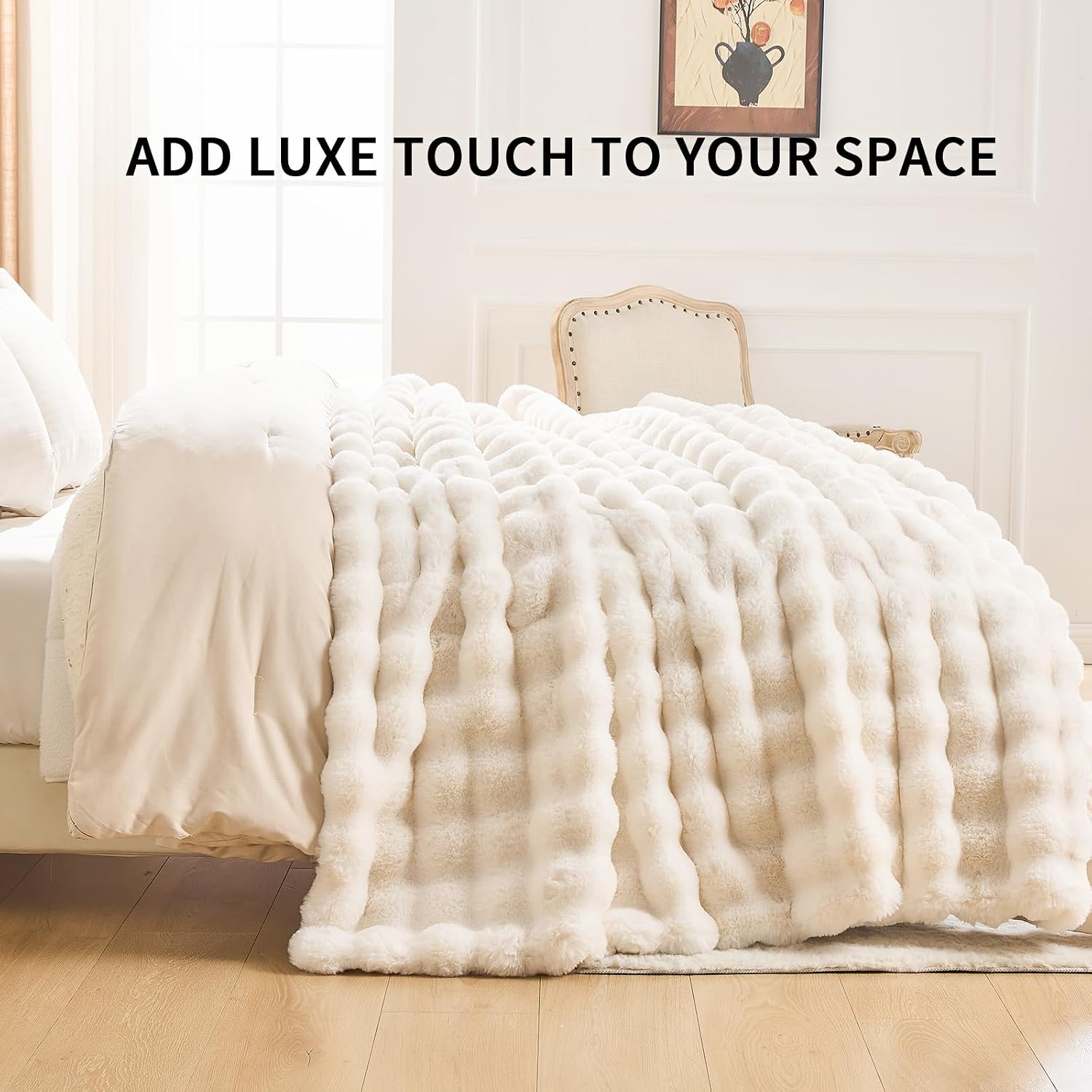 Cozy Bubble Faux Fur Twin Blanket for Couch, 60x80 Cream | Luxury Plush Fluffy Thick Blanket, Warm Soft Fuzzy Throw for Sofa Chair Bedroom and Living Room