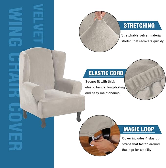 H.VERSAILTEX Wingback Chair Covers Velvet Plush Wing Chair Slipcover 1 Piece - Image 2