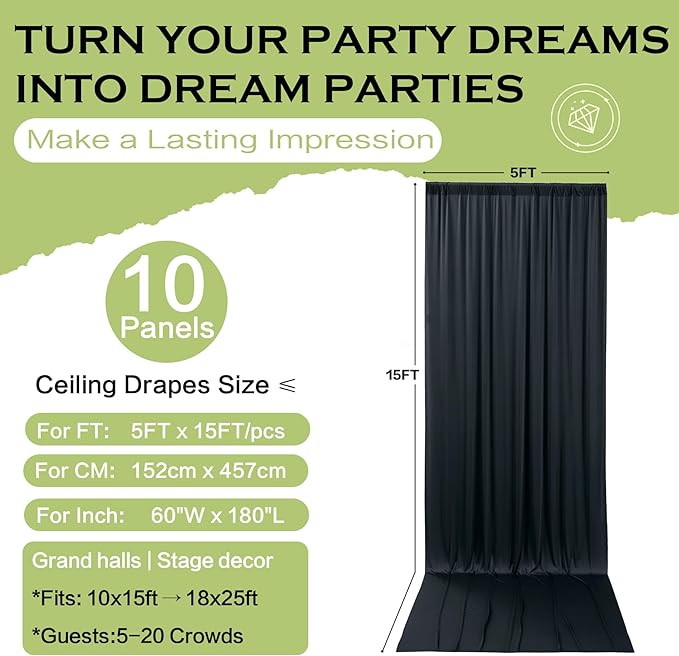PartyVillage 50ft×15ft Black Backdrop Curtain for Halloween Parties, 10 Panel...