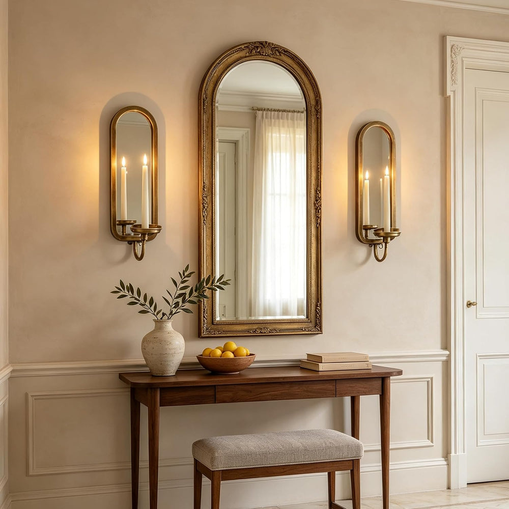 Wall Candle Sconces Arched Metal Candle Holder with Mirror Set