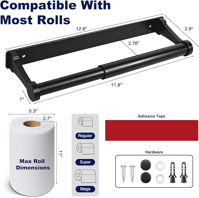 Black Paper Towel Holder Under Cabinet, Adhesive Paper Towel Holder Wall Mount - Image 4