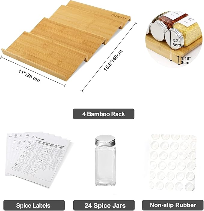 Spice Drawer Organizer with 24 Spice Jars, 216 Labels, 25 Non-slip Rubber - Image 3