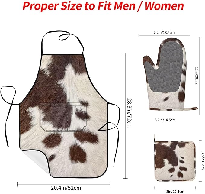 Cow Print Oven Mitts Pot Holders Cooking Apron Set of 5 Silicone Brown Cowhide - Image 2