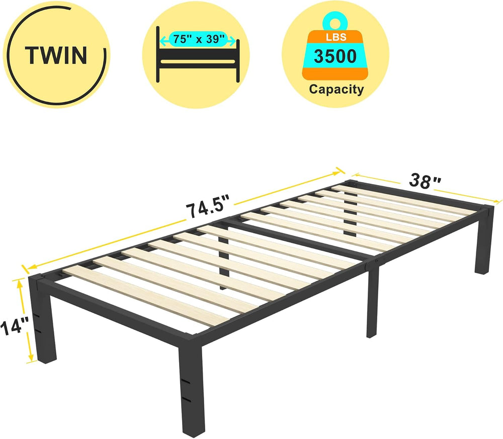 ROIL 14 Inch Twin Size Bed Frame with Wood Slats & 4 Mattress Baffles