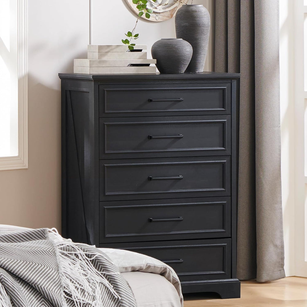 ACCOHOHO Farmhouse 5 Drawers Dresser Chests for Bedroom, Black