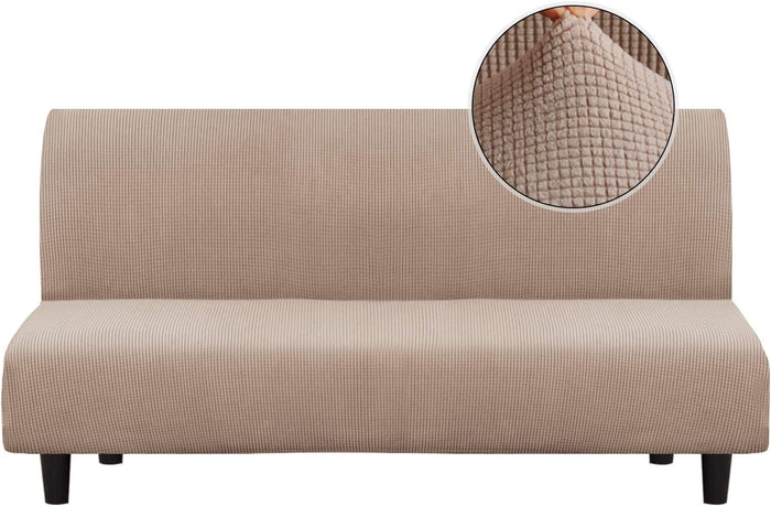 Turquoize Stretch Futon Cover Armless Sofa Cover Sofa Bed Slipcover Futon Couch Cover Furniture Protector with Elastic Bottom Feature Thick Soft Checked Jacquard Fabric, Sand