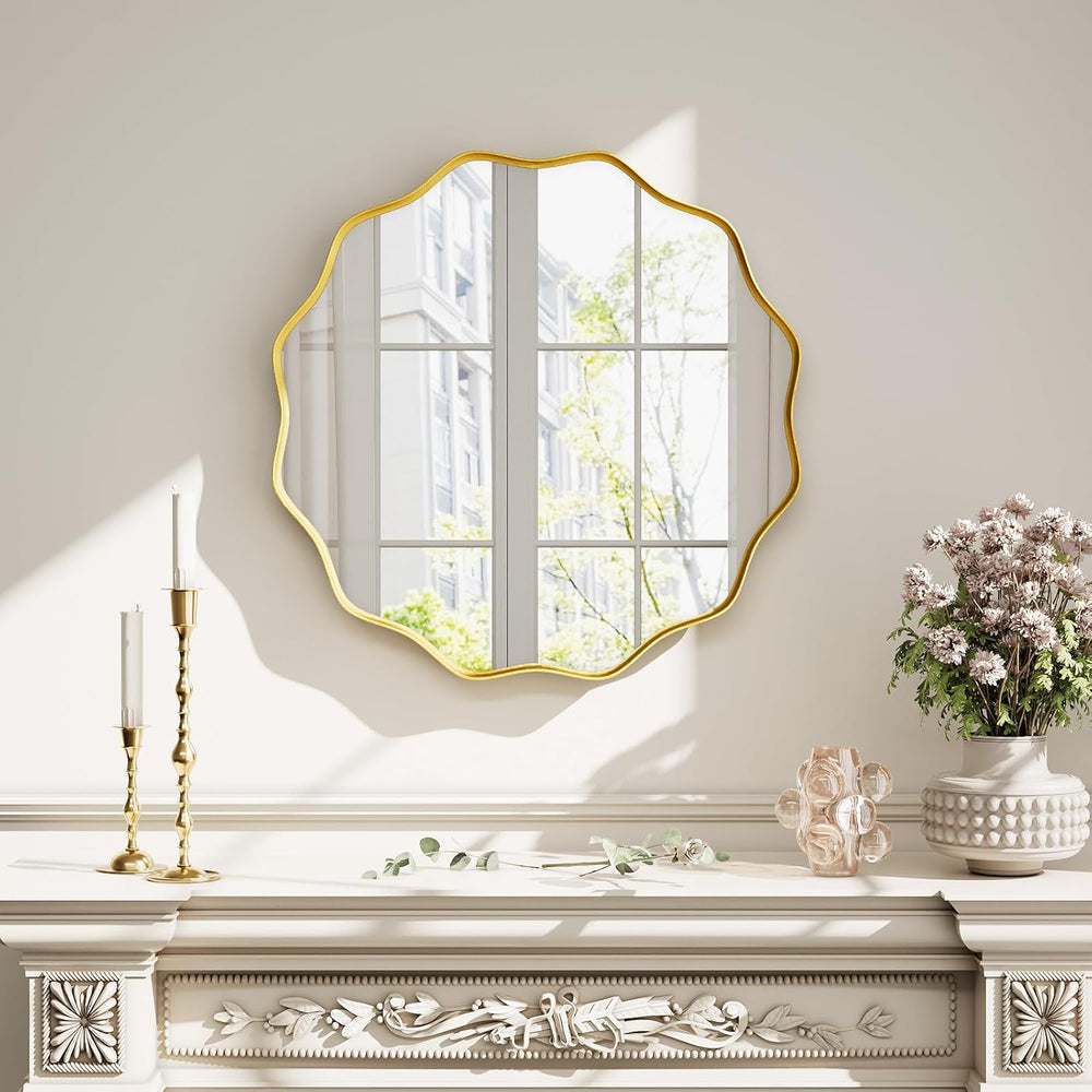 Gold Scalloped Circle Mirror, 24" Wavy Edge Round Wall Mirror