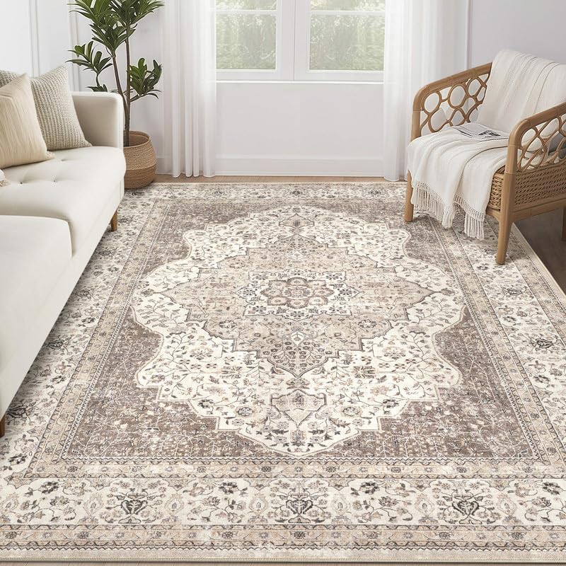 Vintage 6x9 Washable Area Rugs for Living Room, Non Slip, Brown