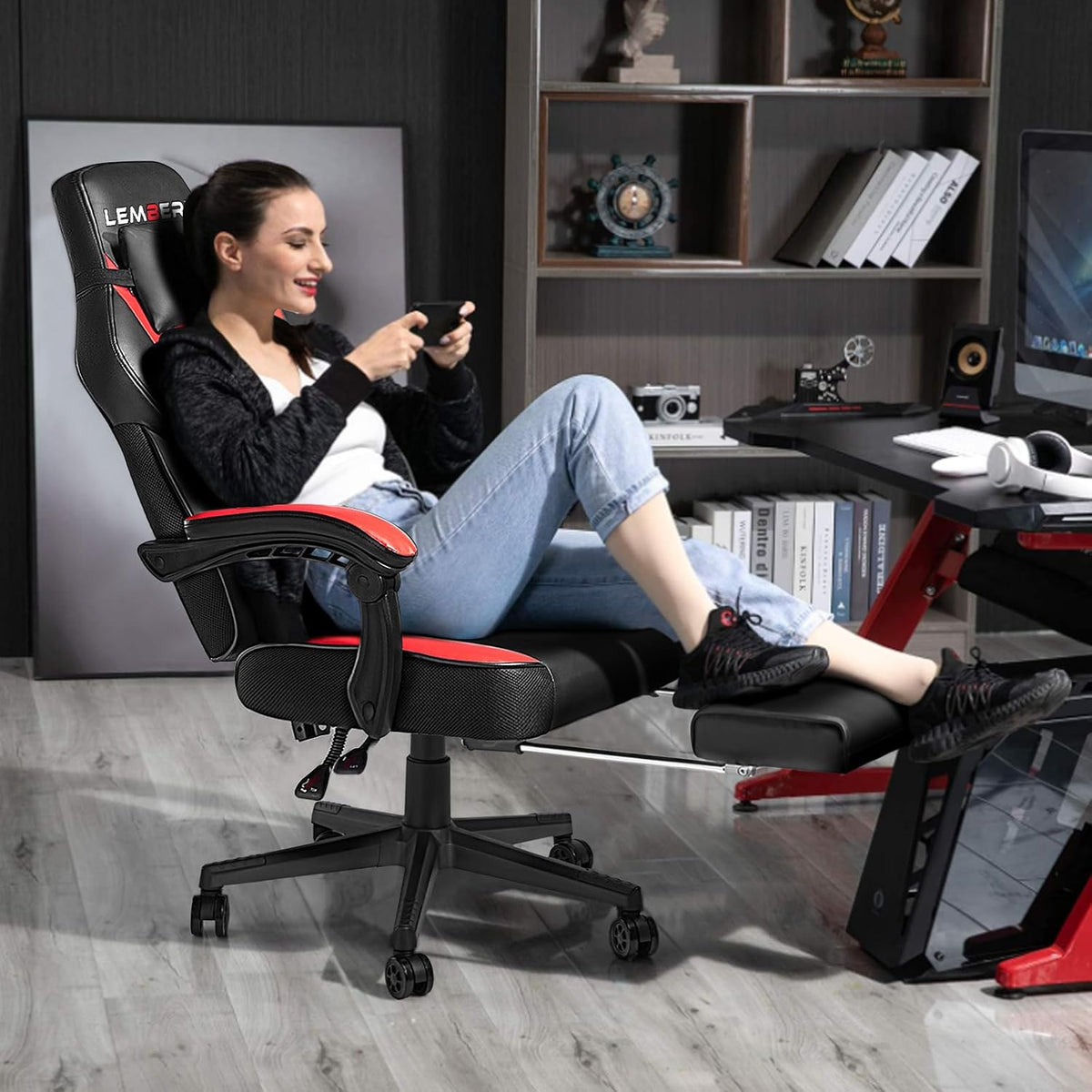 big and tall gaming chair, 400lb capacity, red shown in use