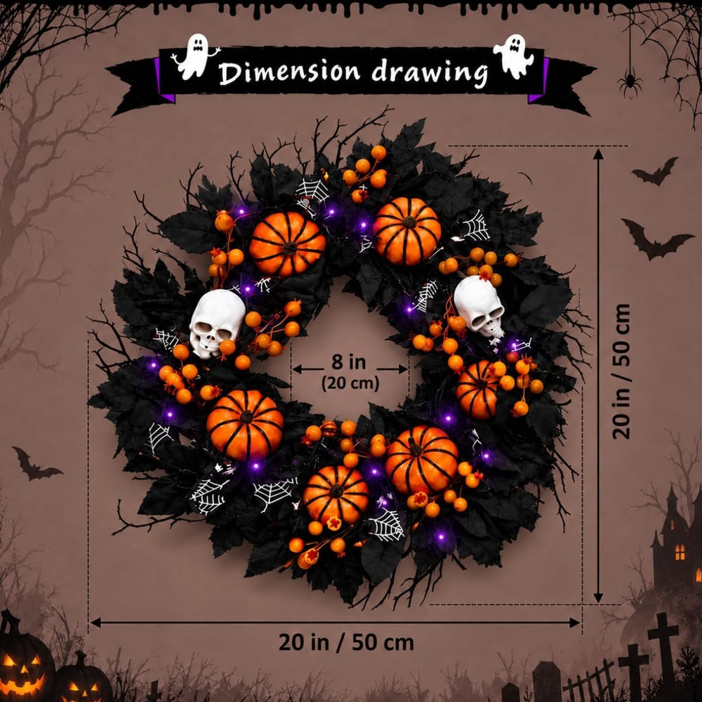 20" Halloween Wreath for Front Door, Black Gothic Spooky Outdoor Décor