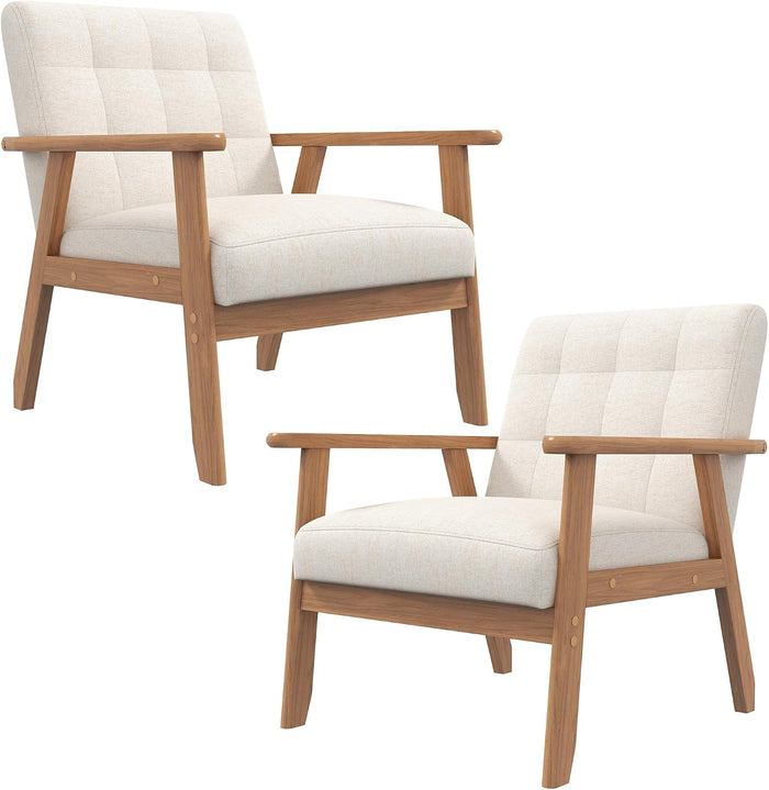 Mid-Century Accent Chairs Set of 2, Solid Wood for Living Room, Beige Linen