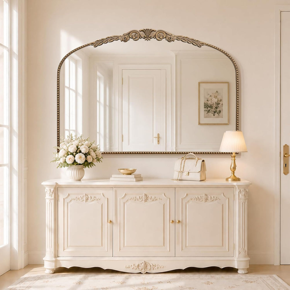 Besdomus Gold Large Fireplace Mirror: 48"x33" Baroque Vintage Arche...