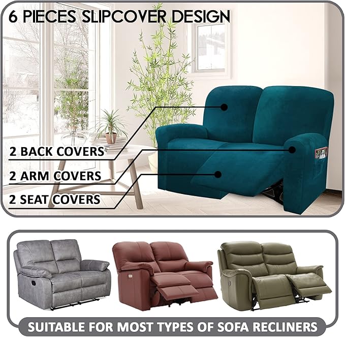 ULTICOR Reclining Love Seat Slipcover, 6-Piece Velvet Stretch Loveseat - Image 2
