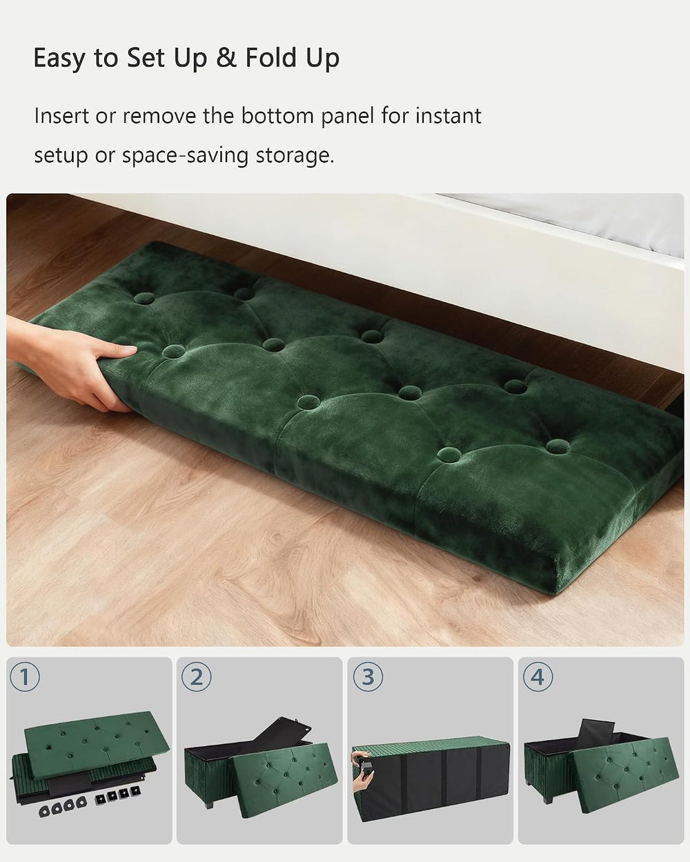 LITZFUR 43 Inches Storage Ottoman Bench, Velvet Foot Rest Stool, Green | Fold...