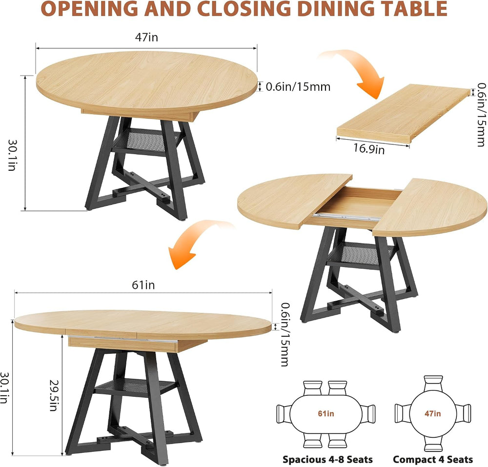 Extendable Round Dining Table for 4-8, Round to Oval Dining Table with Open S...
