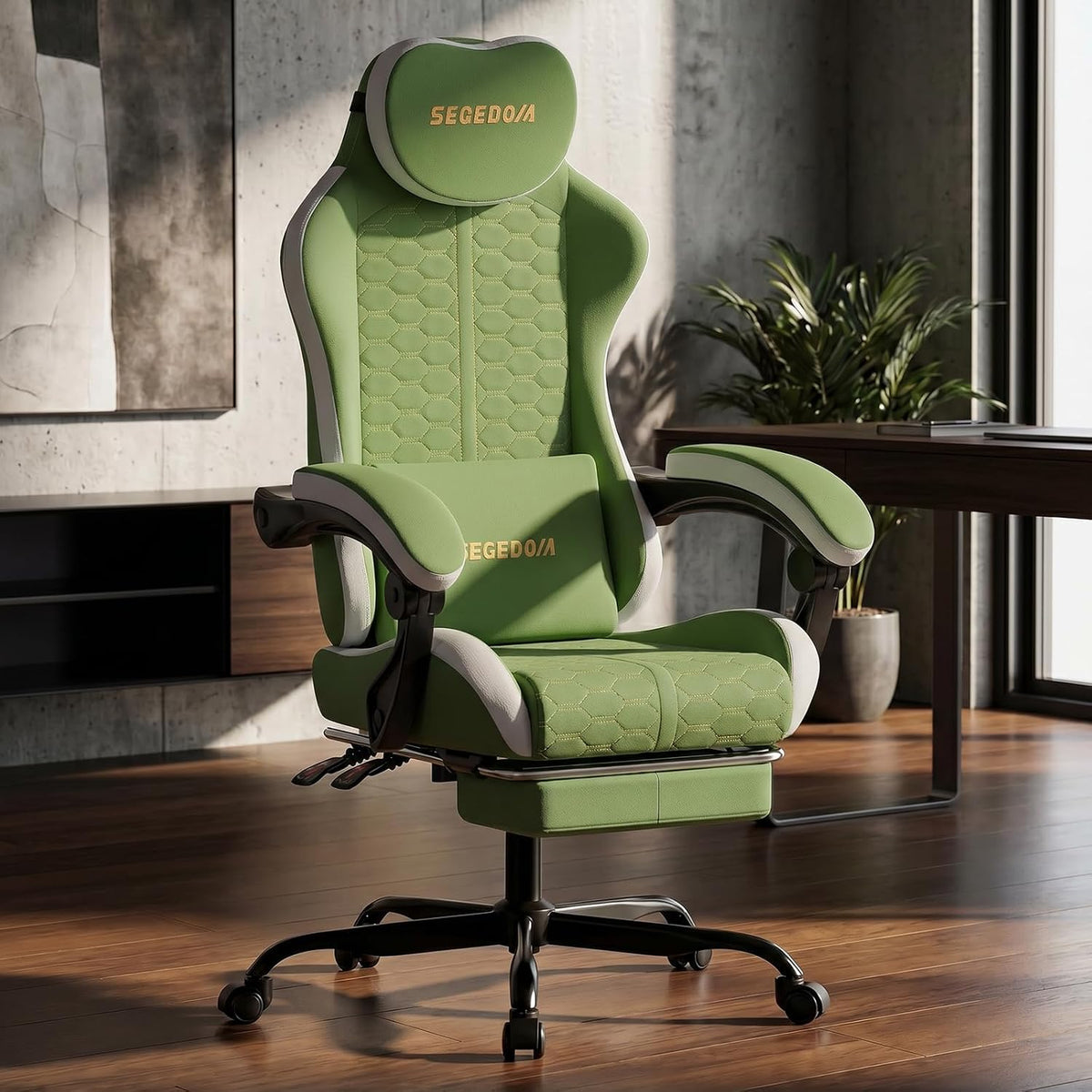 honeycomb embossed gaming chair with footrest & massage shown in use