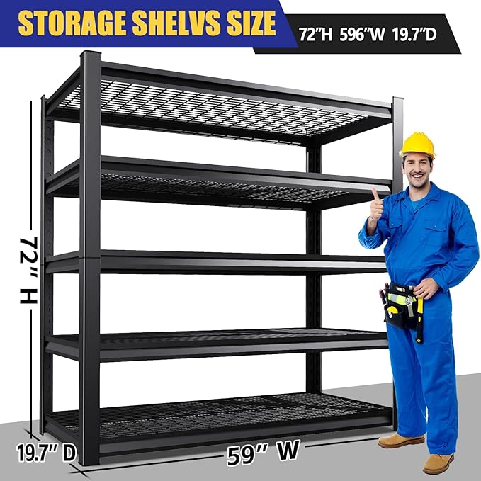 72"Hx59"Wx20"DGarage Shelving-2500 lbs 5 Tier Storage Shelves, Adjustable Heavy - Image 3
