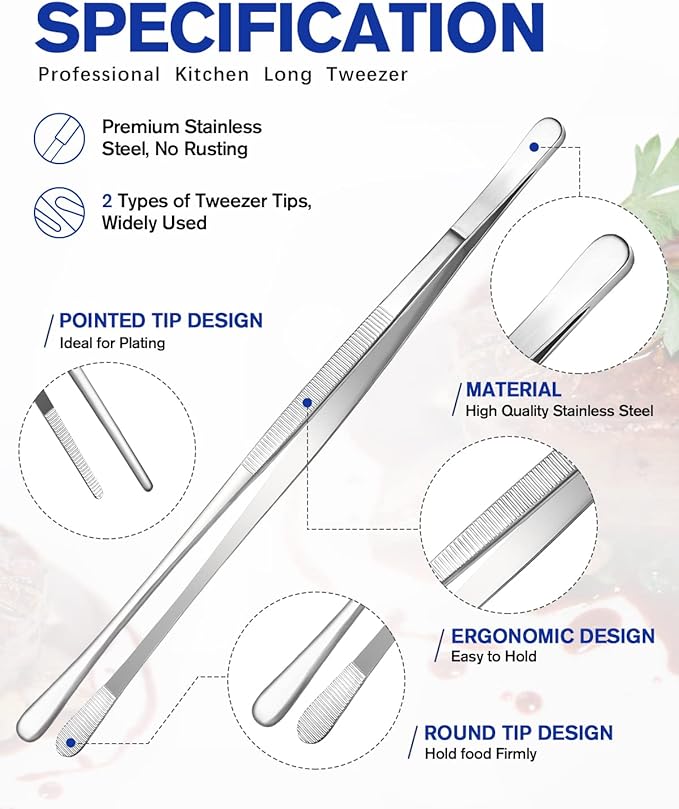 4 Pcs Fine Long Tweezer Tongs Professional Silver, Sea food and BBQ - Image 2