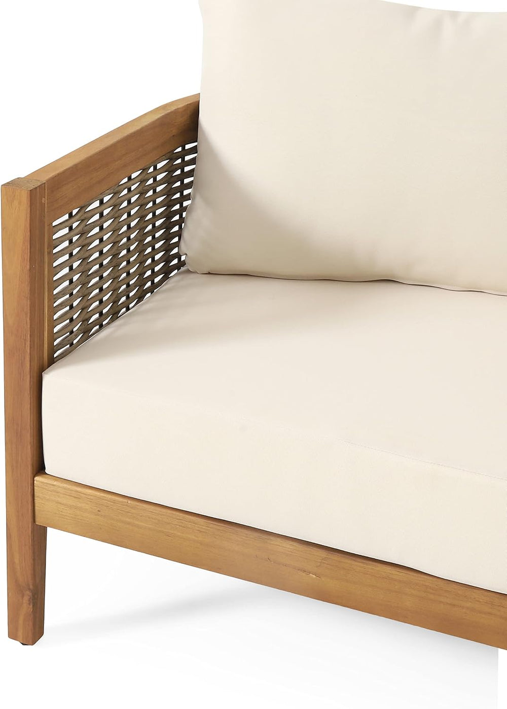 Burchett Outdoor 3 Seater Sofa with Cushions - Acacia Wood and Round Wicker -...
