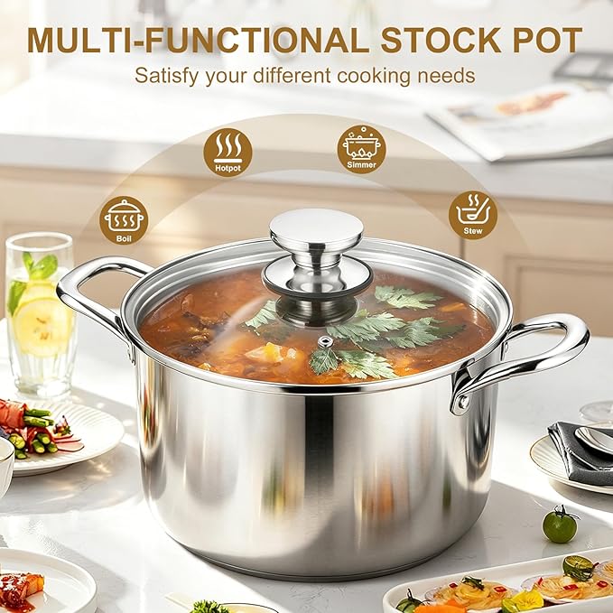 P&P CHEF 8 Quart Tri-Ply Stainless Steel Stock Pot, 8 Qt Stockpot Pasta Cooking - Image 6