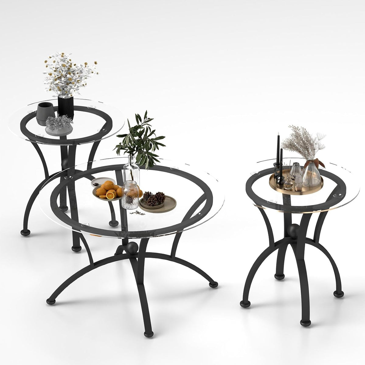 3 Piece Round Glass Coffee Table Set, Black Metal Steel Frame Center Table and 2 Small End Side Tables for Living Room and Office