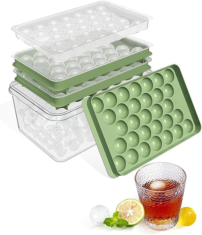 Ice Cube Tray with Lid and Bin, Ice Tray, 62 Round Ice Trays by Avirho