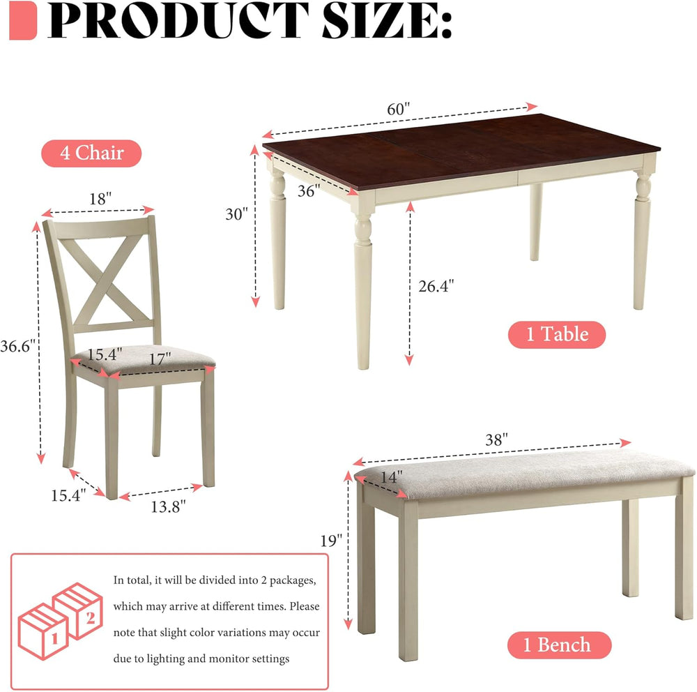 AMERLIFE 6-Piece Farmhouse Dining Table Set for 6-7, 60" Solid Wood Kitc...