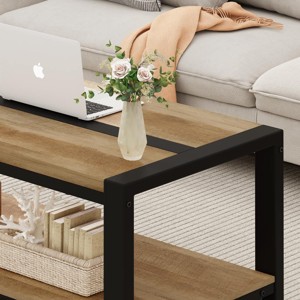 BON AUGURE Coffee Table with 2-Tier Open Shelf, Industrial 43In Vintage Oak