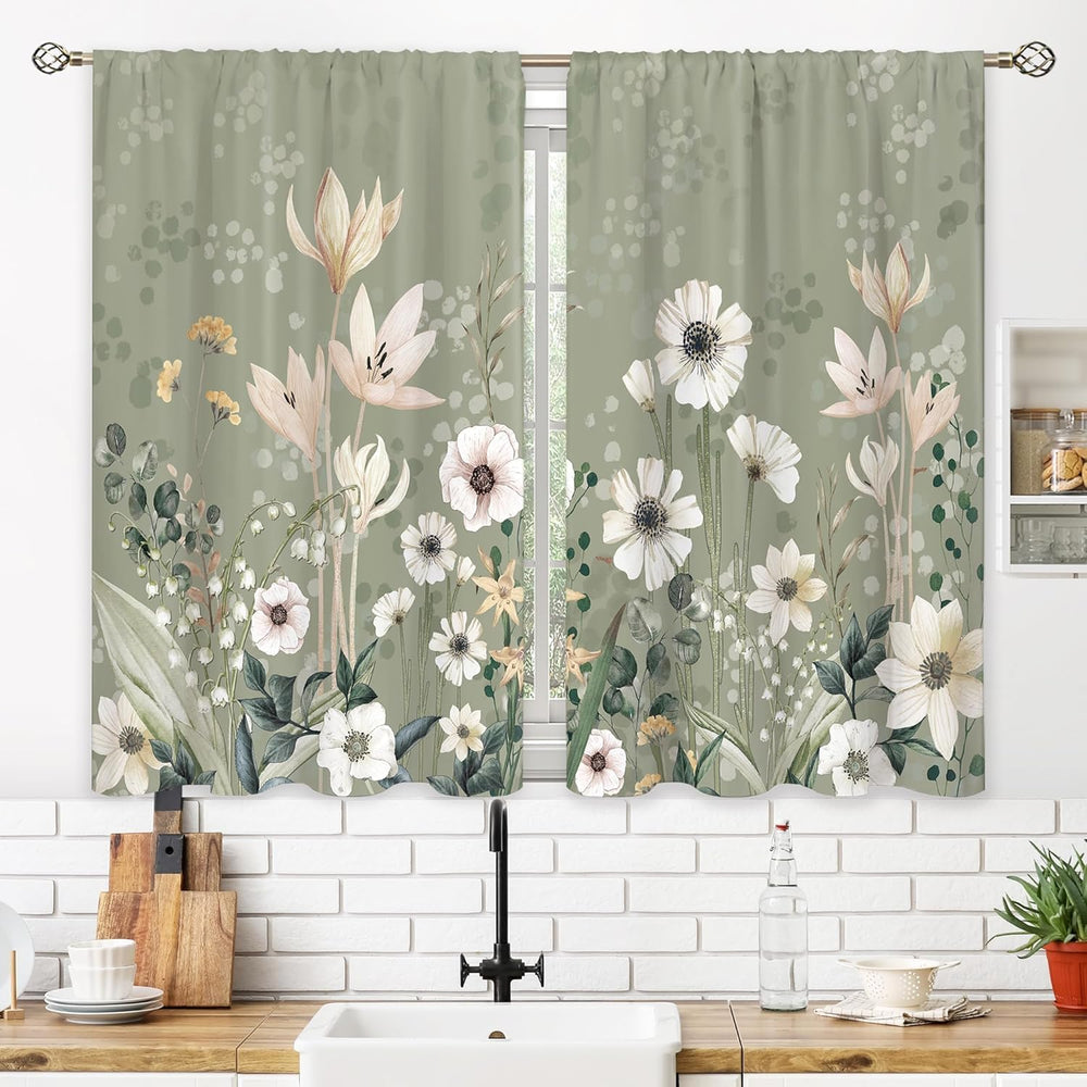 Green Boho Flower Small Kitchen Curtains Flower Plant Window Treatment Botani...