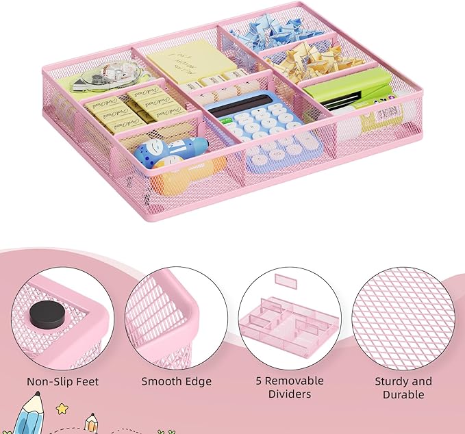 Marbrasse Pink Desk Drawer Organizer, Metal Mesh Drawer Organizer Tray - Image 4