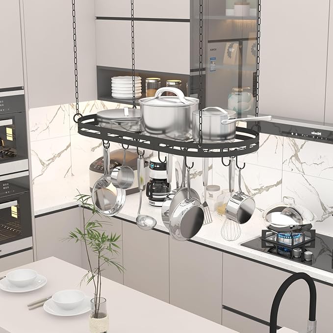 33” Hanging Pot Rack Ceiling Mount, Oval Pots and Pans Hanging Rack, Ceiling - Image 2