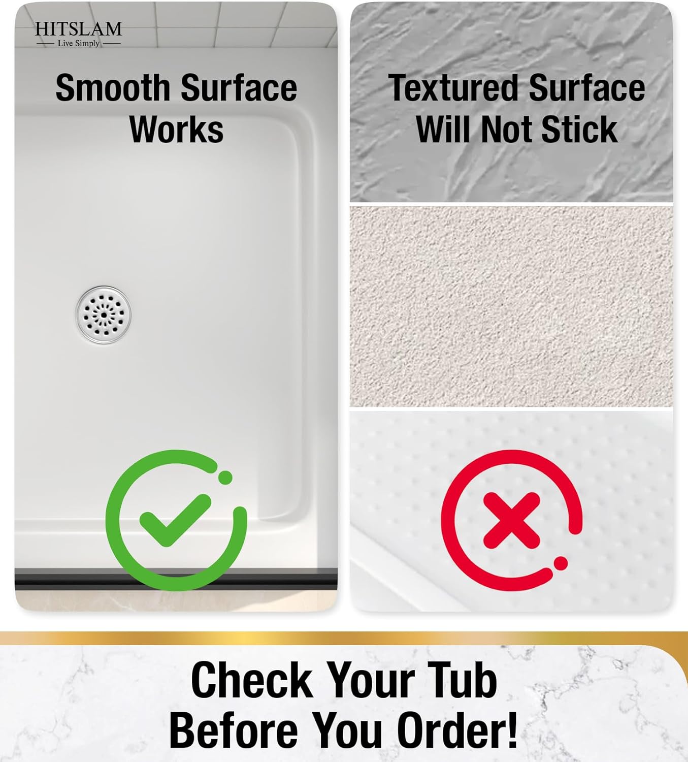 HITSLAM Shower Mat Anti Slip, 24x24 Inch Cut to Fit No Odor Soft TPE Shower Stall Mat, Square Bath Mat with Suction Cups and Drain Holes, Soft on Feet, Grey