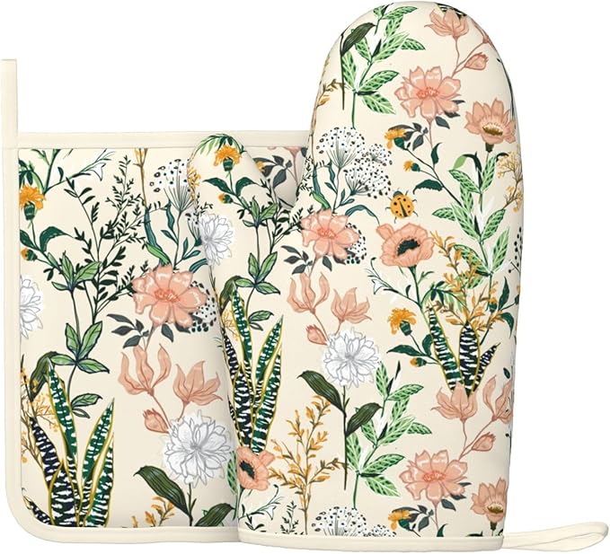Floral Silicone Oven Mitts Pan Mats Set of 2, Heat Resistant Gloves Potholder by Cayiibe