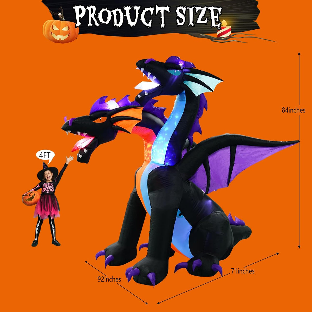 7FT Tall Halloween Inflatables Dragon with 2 Heads, Fire and Ice Blow Up Dragon Inflatables Built-in 2 Rotating Flash Lights and 5 Led Lights for Halloween Inflatable Outdoor Decoration