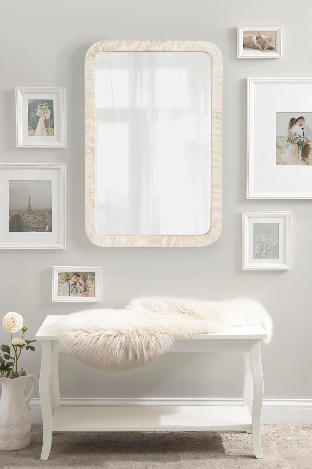 Kate and Laurel Rahfy Boho Rectangle Rattan Mirror; 24 x 36; White; Decorativ...