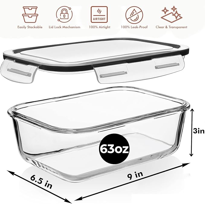 Razab 4 PC 1860ml / 63 Oz / 8 Cups Large Glass Food Storage Containers