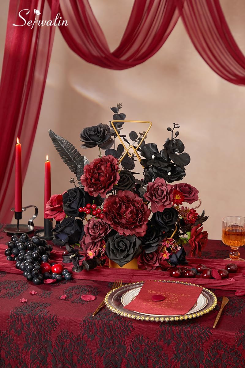 Serwalin Burgundy Black Artificial Flowers Combo, Silk Flowers for Wedding
