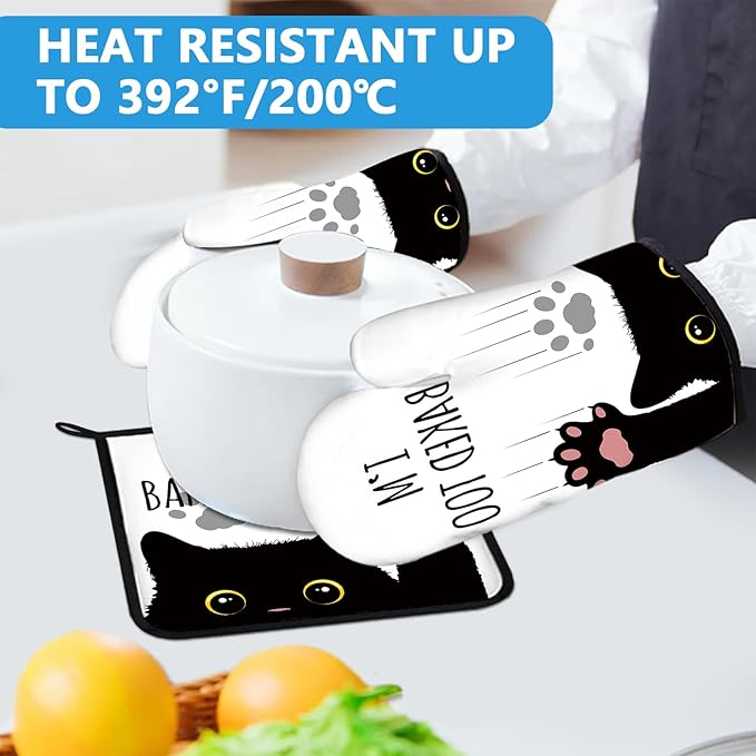 Funny Black Cat Oven Mitts and Pot Holders Sets Heat Resistant 4Pcs Potholders - Image 5